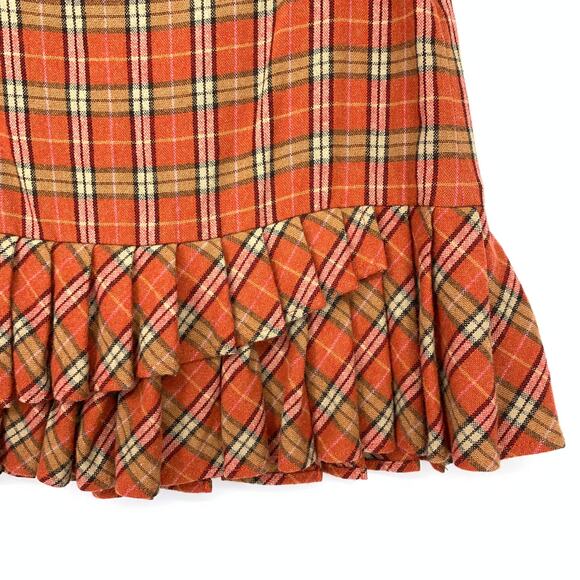 VTG 90s LOFT Mini Skirt Womens Size 25" US 0P Orange Plaid Wool Blend Ruffle Hem - Picture 4 of 5